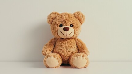 Obraz premium Warm and Cozy Brown Teddy Bear Sitting on White Surface, Soft Plush Toy in Simple Setting - Innocent and Gentle Mood for Childhood Memories