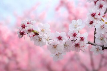 Naklejka premium Enchanting Close-Up of Delicate Cherry Blossoms in Soft Spring Pastels on a Dreamy Background - Serene Floral Beauty