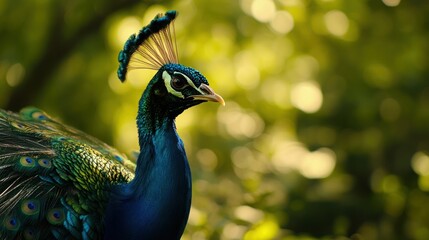 A close-up of a peacock's head and neck, showcasing its vibrant blue and green plumage against a blurred green background.