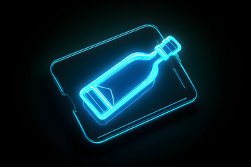 Glowing blue neon silhouette of message in a bottle icon isolated on black background.