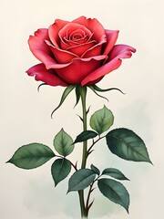 Single Red Rose with Green Leaves on White Background. Generative AI