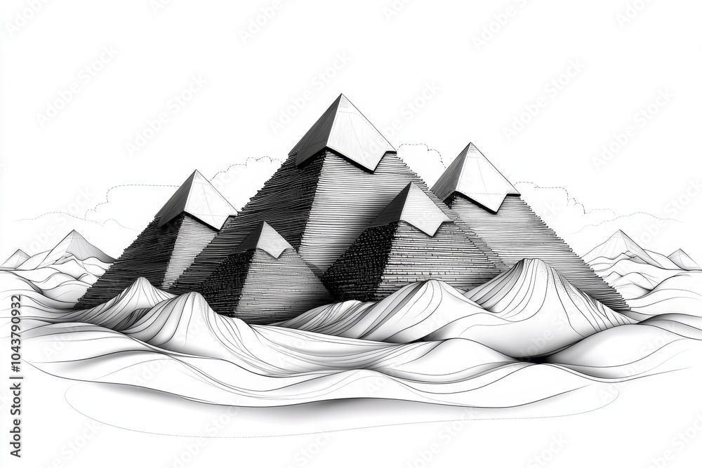 Poster minimalist outline of the pyramids of giza, with simple geometric shapes representing the iconic str