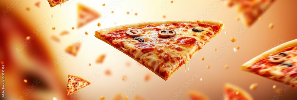 Poster slices of delicious pizza soar through the air, bringing an exciting and appetizing vibe for any piz