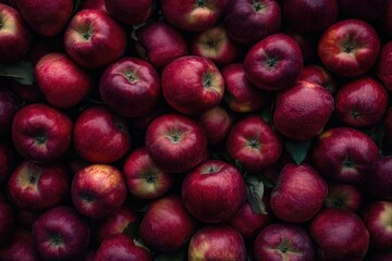 Harvest Bounty: Top View Display of Vibrant Red Ripe Apples Ready for Transportation in Colorful Organic Composition
