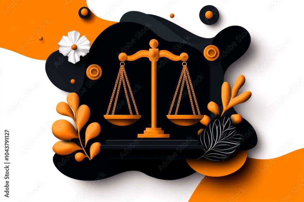 Poster minimalist scales of justice, with simple, clean lines representing balance and fairness in a neutra