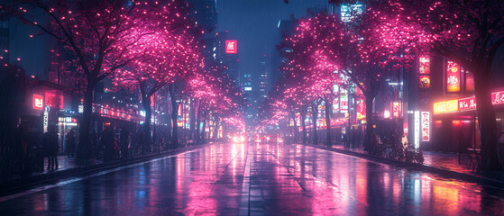Obraz premium Neon Lights and Cherry Blossoms Illuminate Rainy City Street