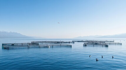 A serene lake scene with fish farming enclosures and birds in the foreground.