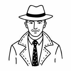 Retro Detective in Hat Line Art Vector Illustration