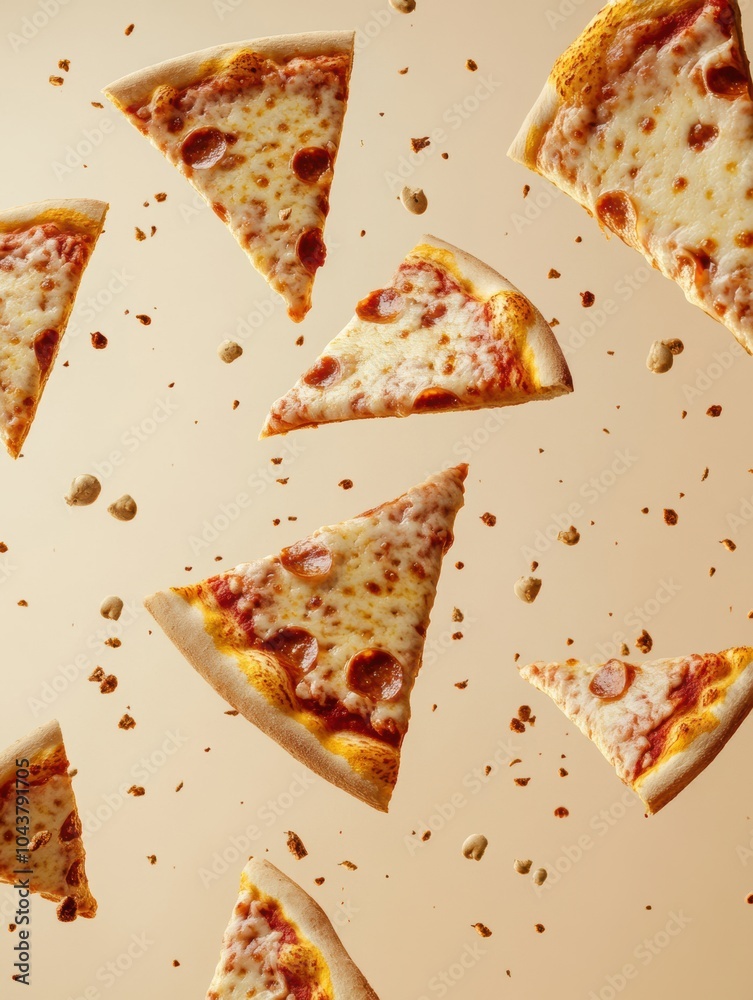 Poster Delicious pizza slices fly diagonally across the background, creating an energetic vibe while leaving center space for text or a message. Generative AI