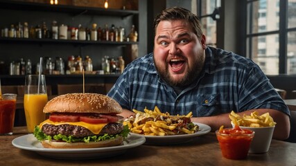 A large man eagerly looks at a massive burger, his eyes full of anticipation. He’s ready to enjoy this delicious, towering meal, savoring every hearty bite