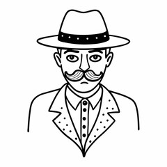 Vintage Gentleman with Hat and Moustache Black and White Line Drawing Illustration