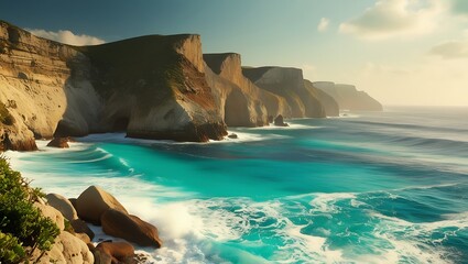 Stunning seacoast wallpaper of turquoise waters and rocky coastal cliffs