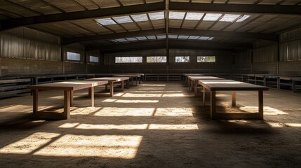 A spacious indoor area with wooden tables illuminated by natural light.