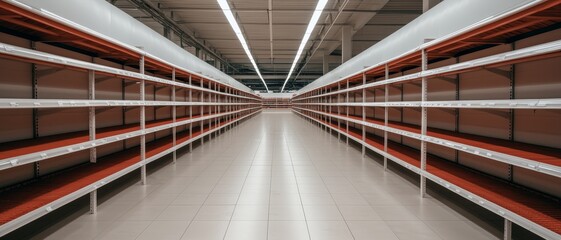 Ethereal Empty Aisle Symmetrical Perspective of Barren Supermarket Corridor, Industrial Fluorescent Lights, Abundance Void, Minimalist Concept for Editorial Illustration