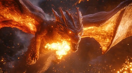 Fototapeta premium A fiery dragon with glowing eyes and scales breathes fire in mid-flight, illuminated against a dark sky.