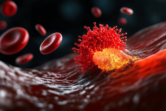 Platelet adhesion to a damaged blood vessel, showing the process of clot formation at the microscopic level