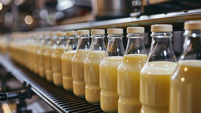This Freshly bottled milk sits on a conveyor belt in a dairy processing facility.