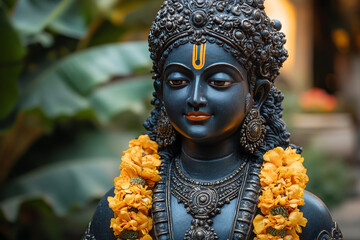 black statue of hindu god vishnu wearing flower garland