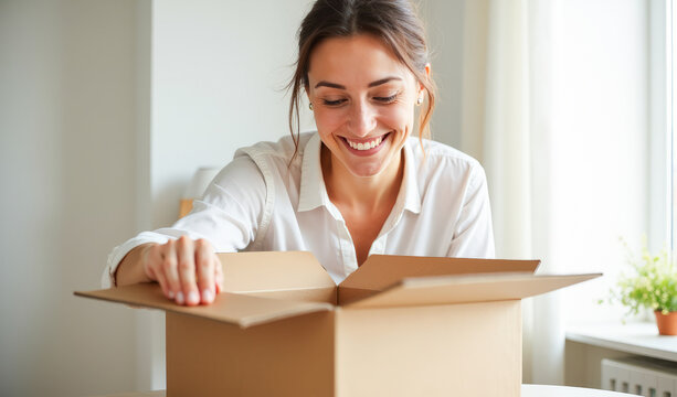 A beautiful housewife woman takes things out of an open cardboard box and smiles
