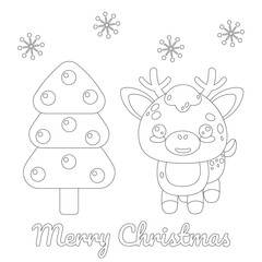Christmas coloring book with snowflakes. A smiling Deer stands next to a Christmas tree with Christmas balls. A child's game. A holiday card. Contour Vector illustration.