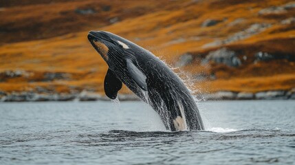 Obraz premium A whale breaching the water's surface in a scenic landscape.