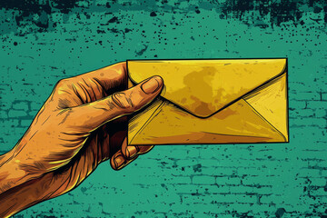illustration of a hand holding a letter envelope comic style
