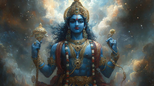a hindu god vishnu with starry space galaxy background