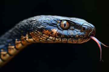 Snake's head emerging from the shadows, its tongue flickering in the air, mysterious and ominous setting, black background.