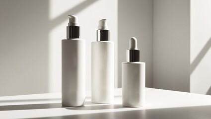 Three sleek skincare bottles in varying sizes are beautifully arranged on a clean surface, illuminated by soft natural light casting subtle shadows. The simple design emphasizes elegance