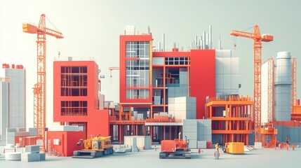 a simple illustration for a corporate construction site with pantone red, 8k, 3D render, construction, white background.