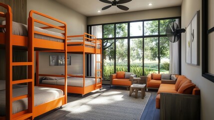 Fototapeta premium Cozy and modern dormitory setup featuring orange bunk beds for six, a fan, and inviting seating near a large window.