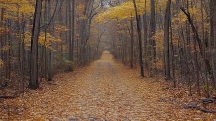 Obraz premium A path through a forest with golden leaves on the ground.