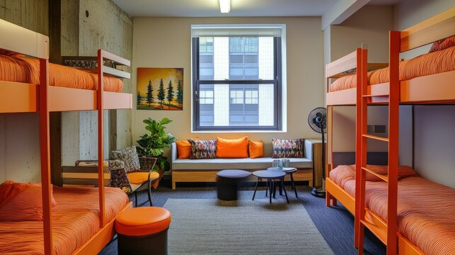 Cozy and modern dormitory setup featuring orange bunk beds for six, a fan, and inviting seating near a large window.