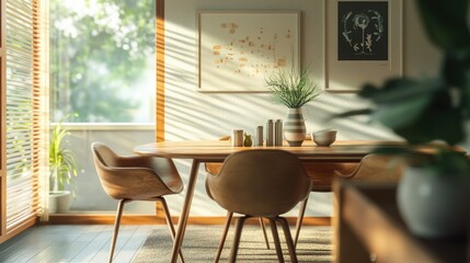 Fototapeta premium Cozy dining nook with a mid-century modern Scandinavian design, including wood and leather chairs, soft colors, and simple elegance.