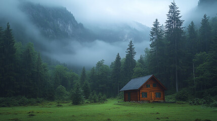 a wooden hut is located in foggy beautiful forest with mountains