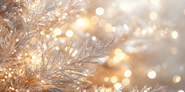 Holiday background with snowy branches illuminated by warm lights with soft golden bokeh. Seasonal web templates, greeting cards, invitations