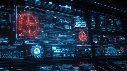 Obraz premium Cyber HUD technology background with interactive, floating elements of graphs and network diagrams