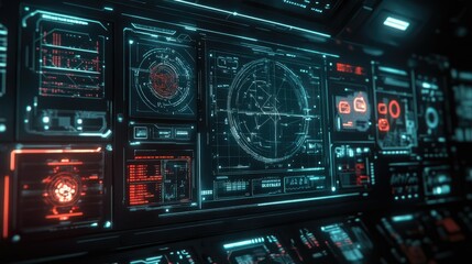 Obraz premium Cyber HUD technology background with interactive, floating elements of graphs and network diagrams