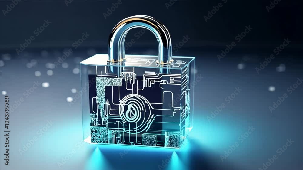Poster cybersecurity: digital fortress: a glowing, transparent padlock with intricate circuitry, symbolizin