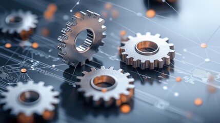 Silver gears interlock on a digital interface background with circuit patterns and glowing nodes