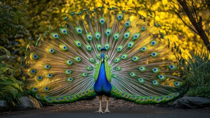 Obraz premium A male peacock with its tail feathers fully extended, displaying its vibrant colors against a background of green foliage.