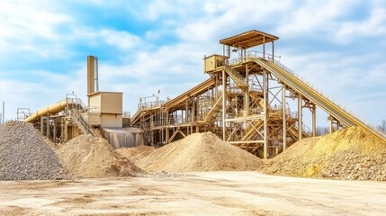 A large industrial site with machinery for processing materials and piles of gravel.