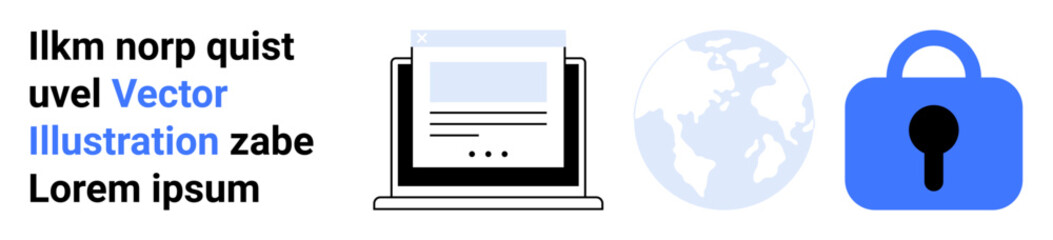 Laptop with document, globe, and blue padlock. Ideal for online security, data protection, global connectivity, internet privacy, web content. Banner for landing page