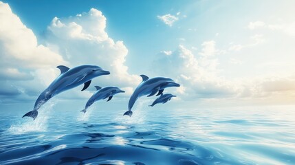 Dolphins Jumping. Beautiful Seascape with Group of Dolphins in Blue Water and Sky