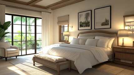 Fototapeta premium Elegant bedroom featuring a frame mockup on the wall for art display, creating a perfect blend of style and comfort in home decor.