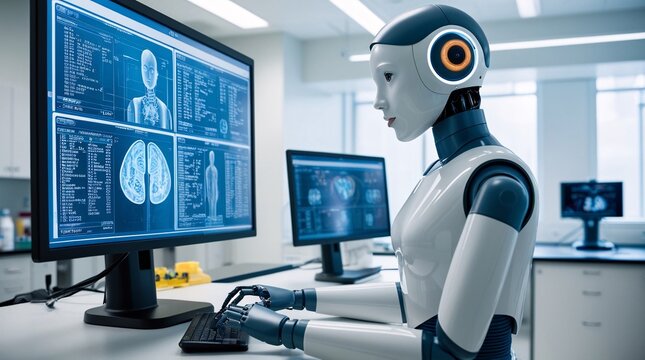 The humanoid robot sits at a workstation in a modern lab, focused on analyzing medical data displayed on multiple screens. It's daytime, showcasing advanced technology and research