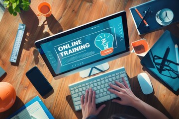 E-learning and online training concept on a tablet screen.