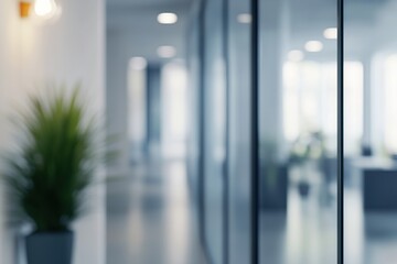 Abstract blurred background with glass partitions and a plant in the foreground, perfect for office or business presentations.