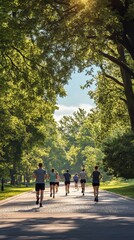 Diverse group of individuals jogging and sprinting on a path through a park filled with green trees and a clear blue sky. Athleisure people working out. Ultra realistic. Photorealistic