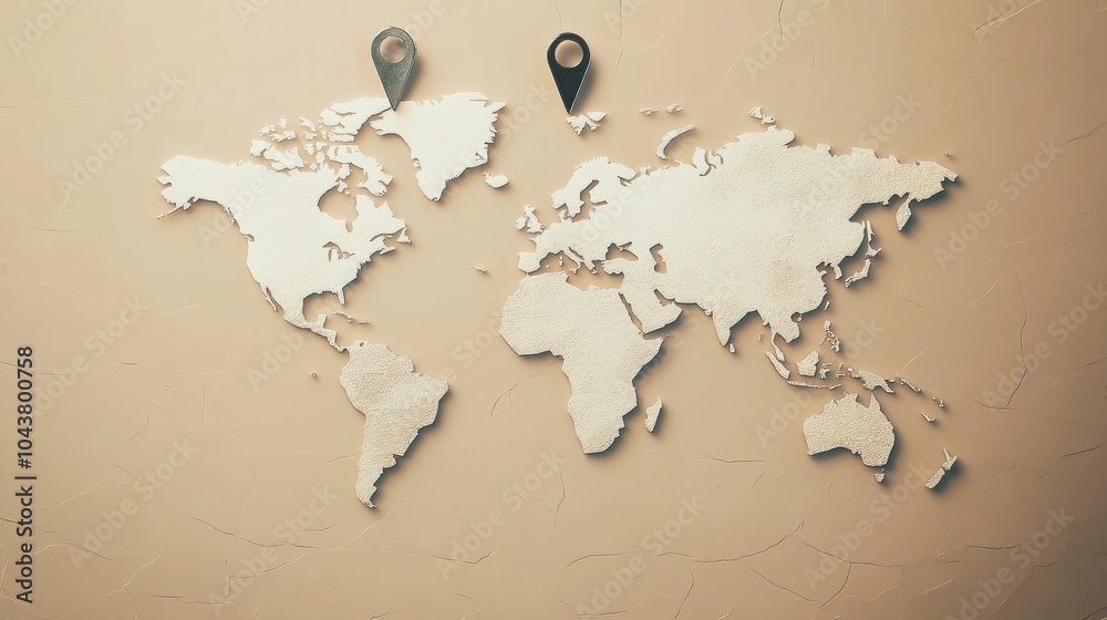 Poster a world map outline displays key travel destinations marked by pins, inspiring future journeys aroun